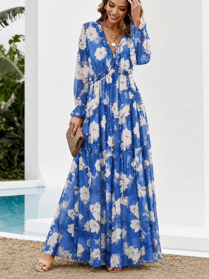 Vestido largo de mujer de manga larga con escote en V y falda en capas con estampado floral-Maxi Dress-Casaluzia