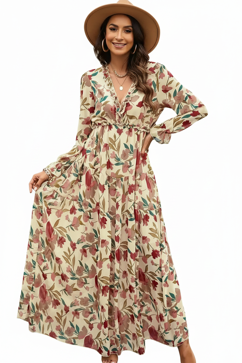 Vestido largo de mujer de manga larga con escote en V y falda en capas con estampado floral-Maxi Dress-Casaluzia