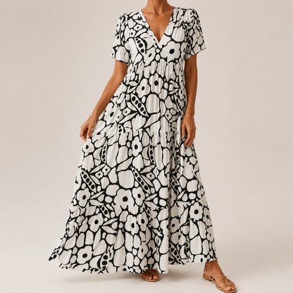 Vestido largo escalonado con cuello en V y estampado floral para mujer-Maxi Dress-Casaluzia