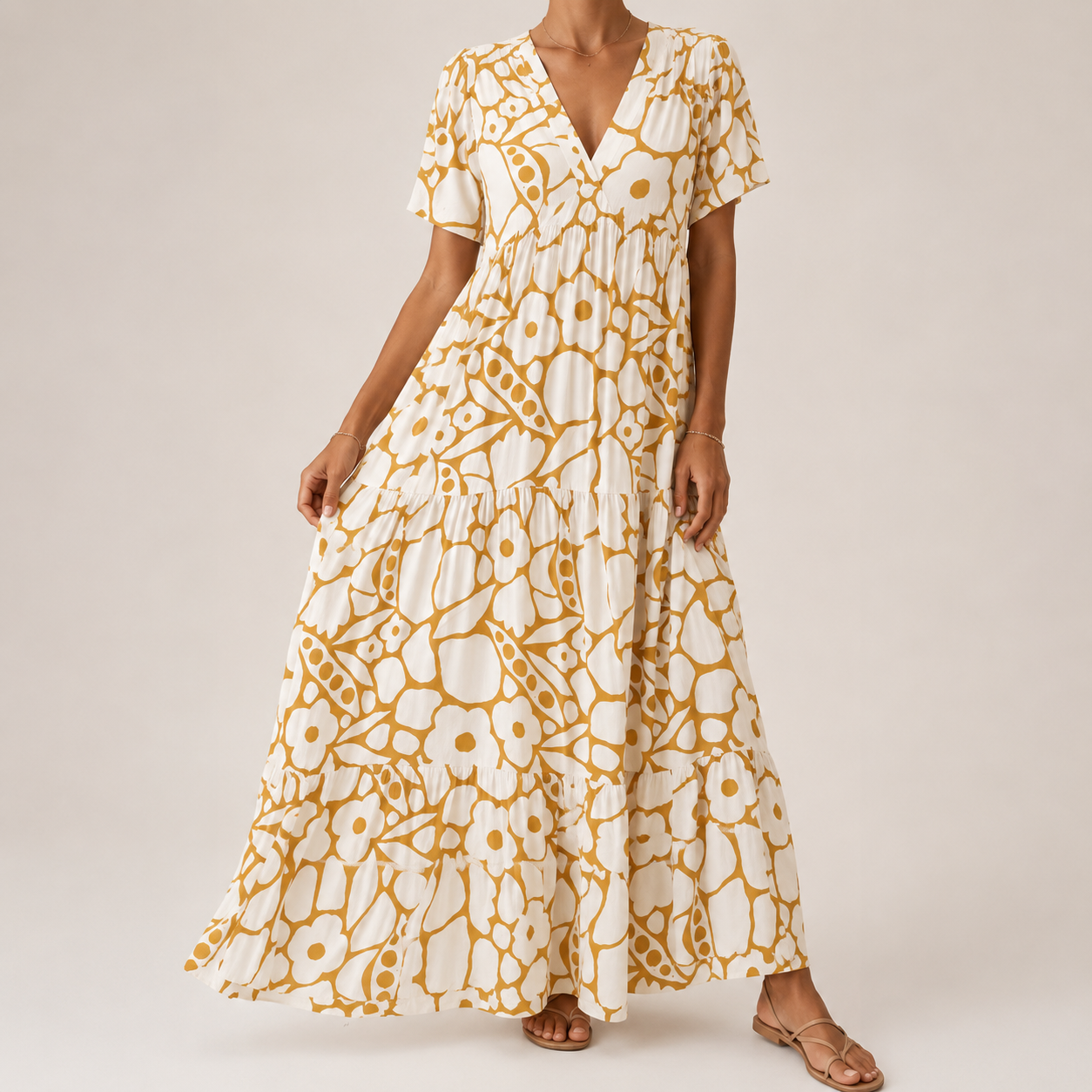 Vestido largo escalonado con cuello en V y estampado floral para mujer-Maxi Dress-Casaluzia