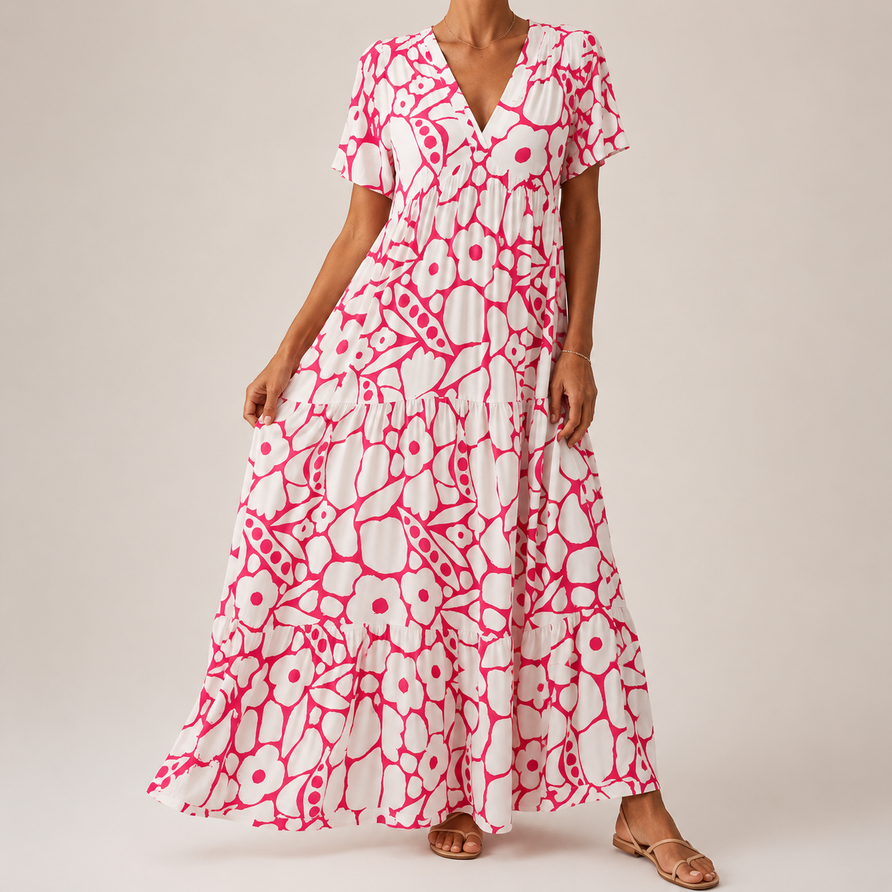 Vestido largo escalonado con cuello en V y estampado floral para mujer-Maxi Dress-Casaluzia
