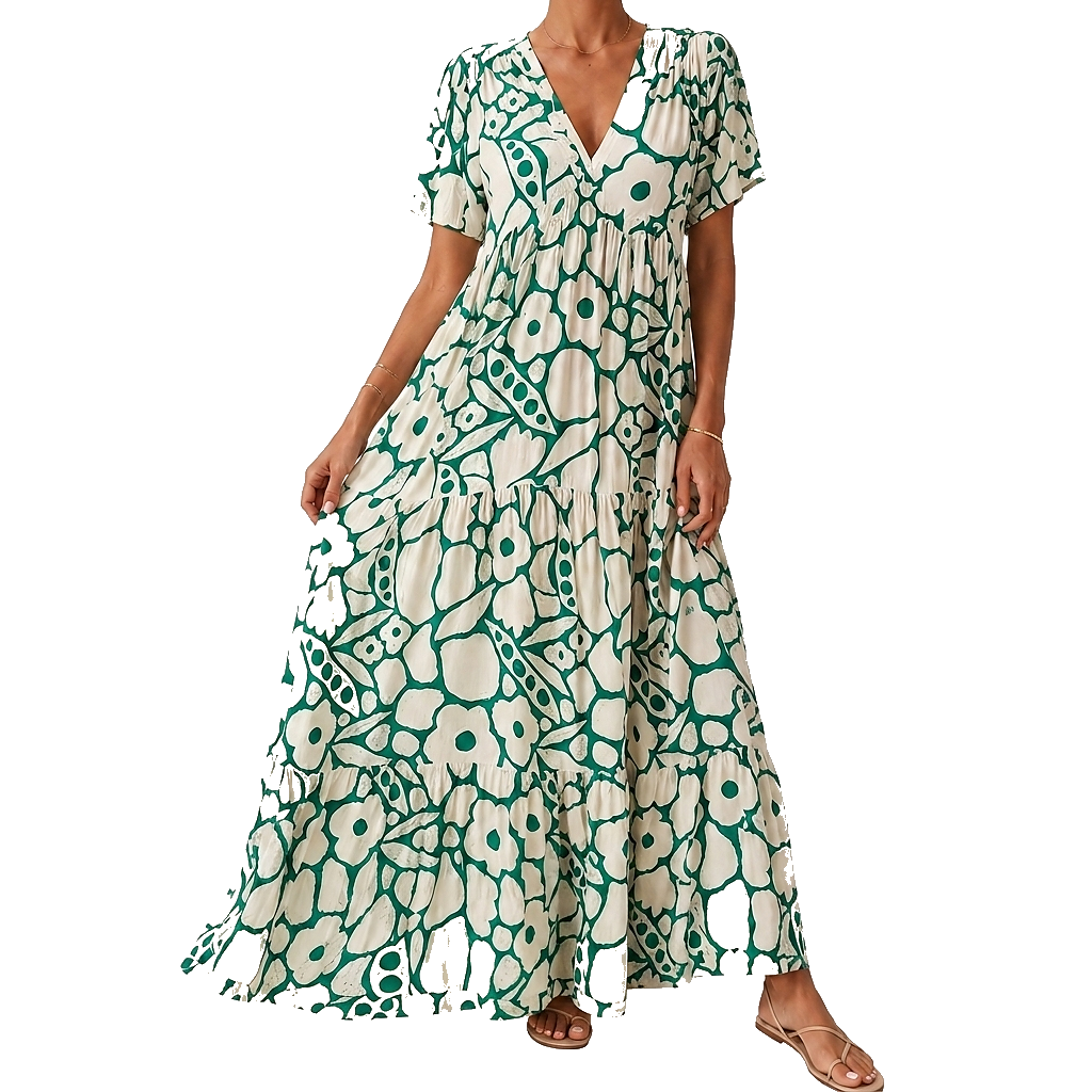 Vestido largo escalonado con cuello en V y estampado floral para mujer-Maxi Dress-Casaluzia