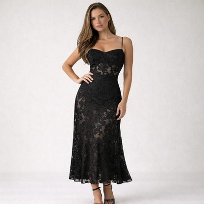 Vestido largo mujer con escote corazón y tirantes-Maxi Dress-Casaluzia