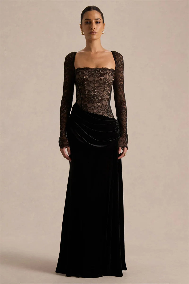 Vestido largo mujer con parte superior de encaje y abertura lateral-Maxi Dress-Casaluzia
