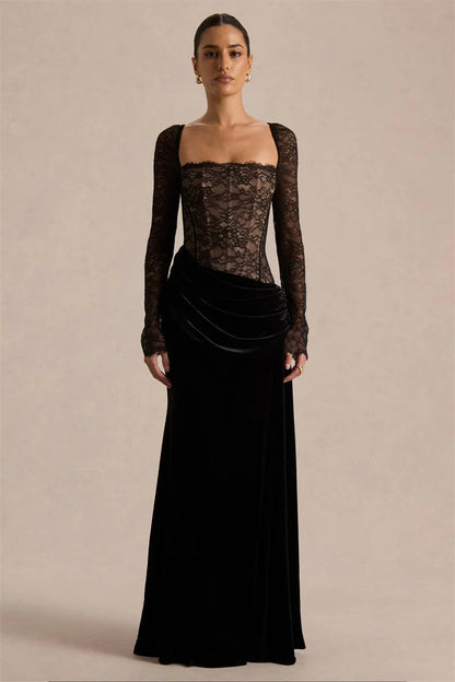 Vestido largo mujer con parte superior de encaje y abertura lateral-Maxi Dress-Casaluzia