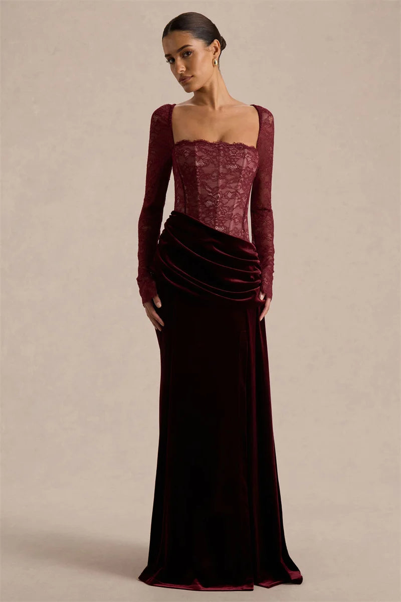Vestido largo mujer con parte superior de encaje y abertura lateral-Maxi Dress-Casaluzia