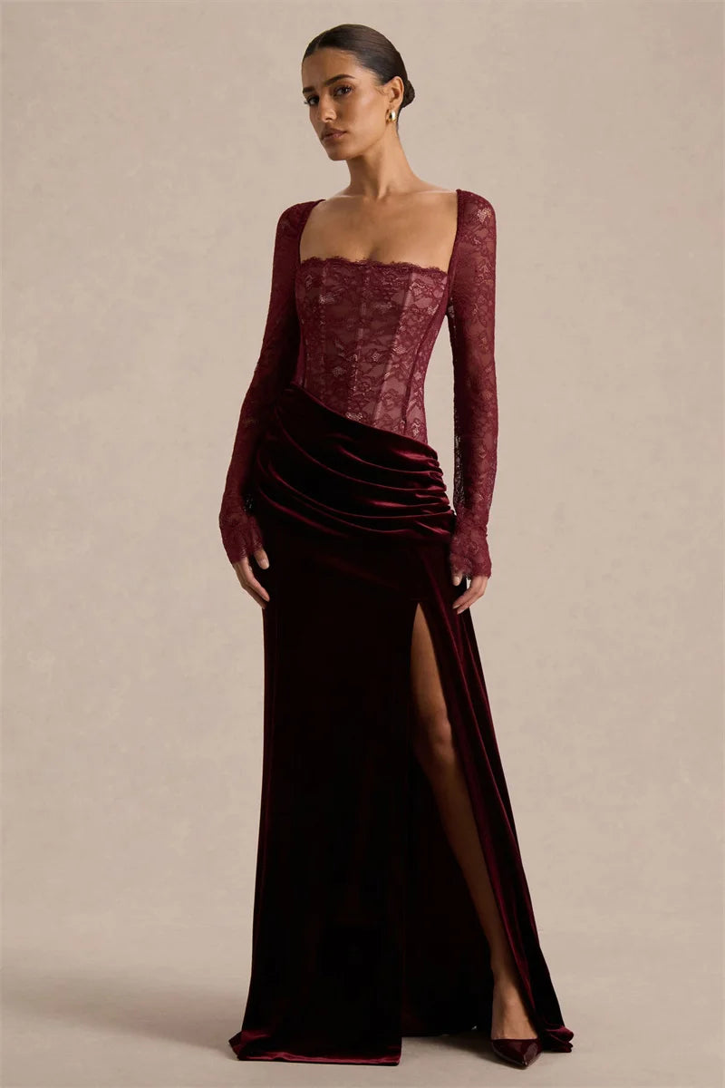 Vestido largo mujer con parte superior de encaje y abertura lateral-Maxi Dress-Casaluzia