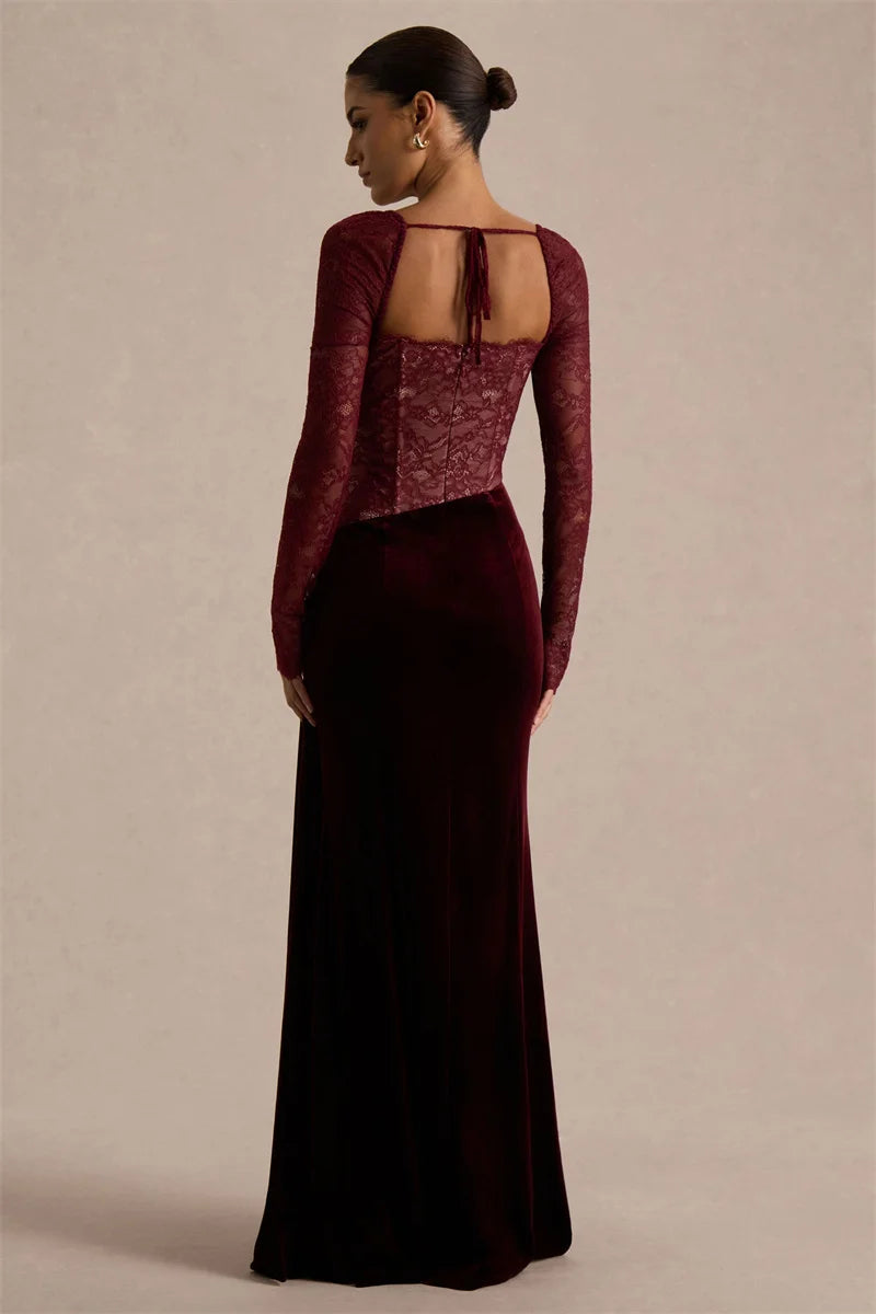Vestido largo mujer con parte superior de encaje y abertura lateral-Maxi Dress-Casaluzia