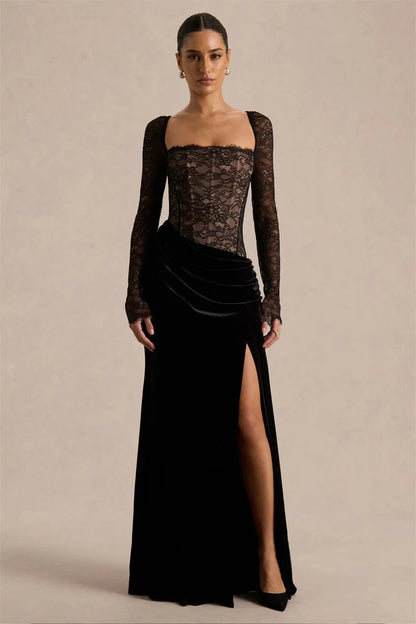 Vestido largo mujer con parte superior de encaje y abertura lateral-Maxi Dress-Casaluzia