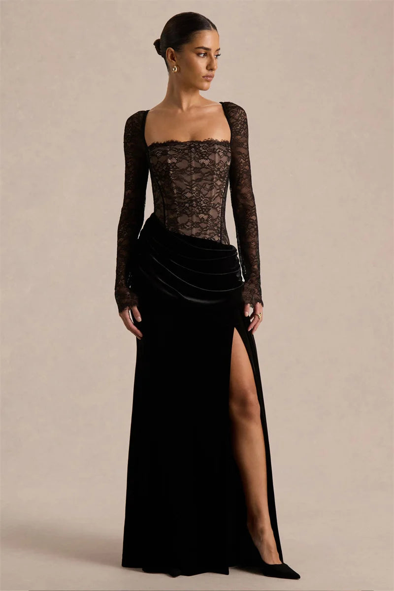 Vestido largo mujer con parte superior de encaje y abertura lateral-Maxi Dress-Casaluzia