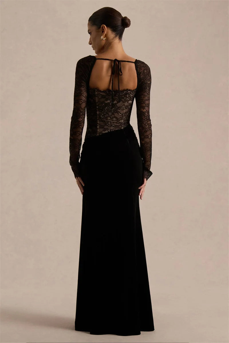 Vestido largo mujer con parte superior de encaje y abertura lateral-Maxi Dress-Casaluzia