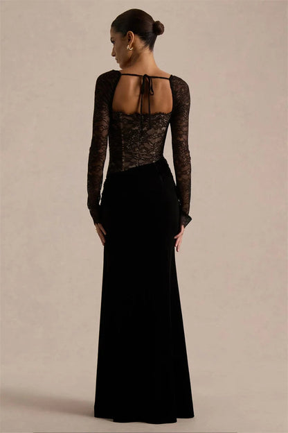 Vestido largo mujer con parte superior de encaje y abertura lateral-Maxi Dress-Casaluzia