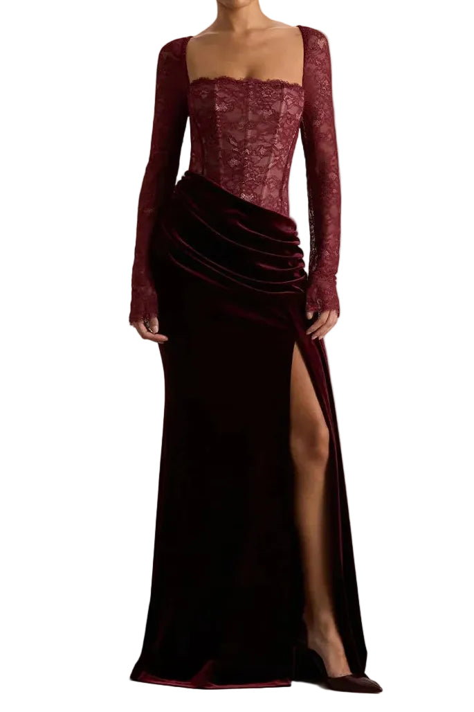 Vestido largo mujer con parte superior de encaje y abertura lateral-Maxi Dress-Casaluzia