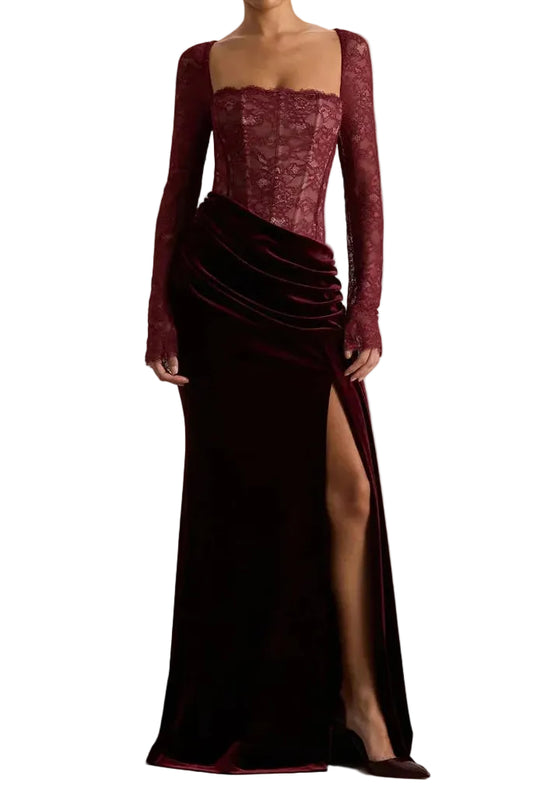 Vestido largo mujer con parte superior de encaje y abertura lateral-Maxi Dress-Casaluzia