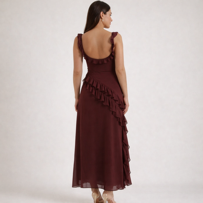 Vestido largo mujer con tirantes y detalle de volantes-Maxi Dress-Casaluzia