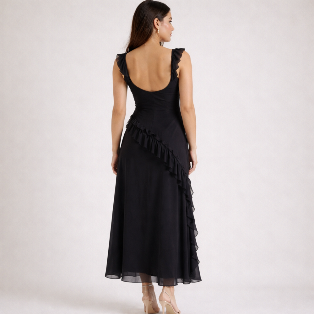 Vestido largo mujer con tirantes y detalle de volantes-Maxi Dress-Casaluzia