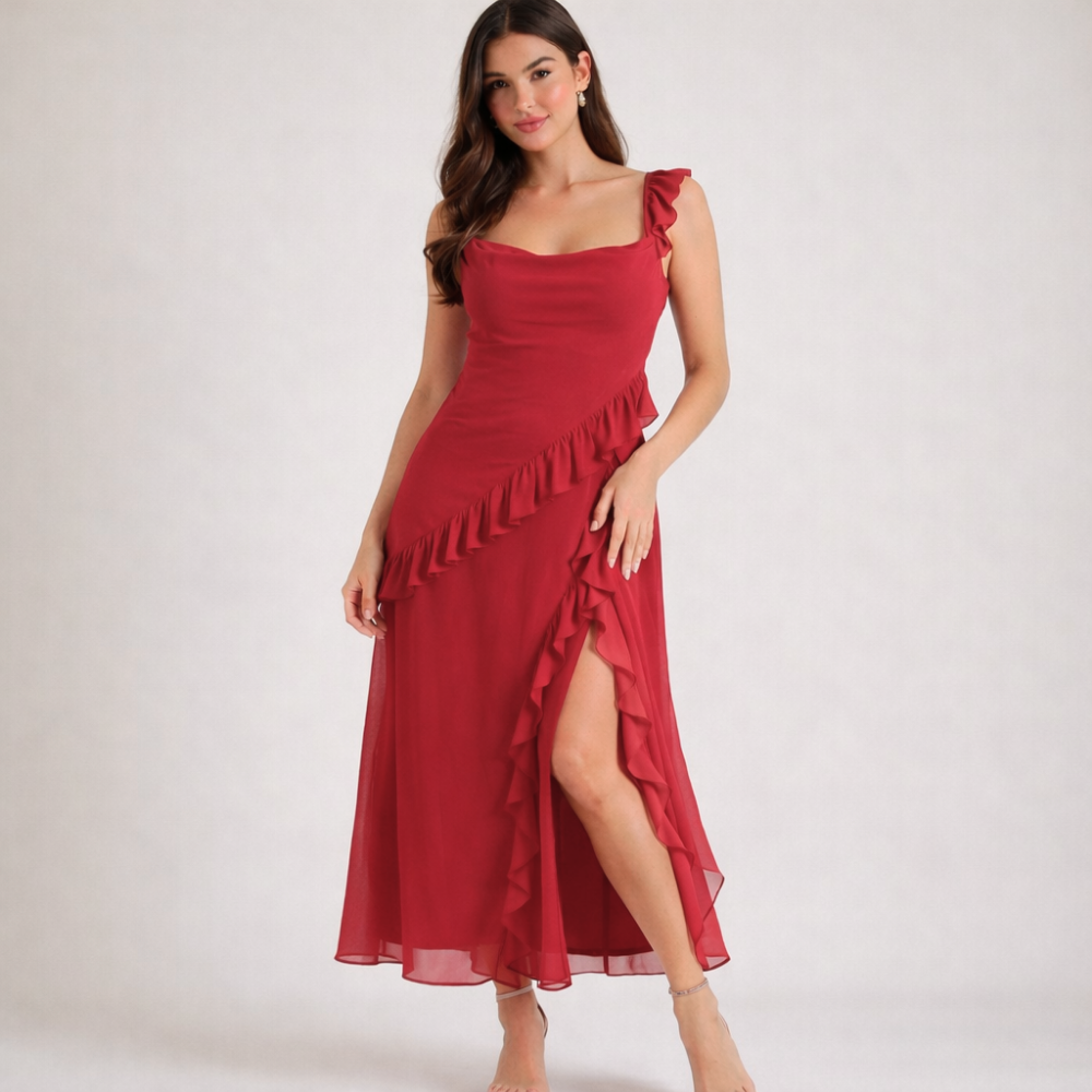 Vestido largo mujer con tirantes y detalle de volantes-Maxi Dress-Casaluzia