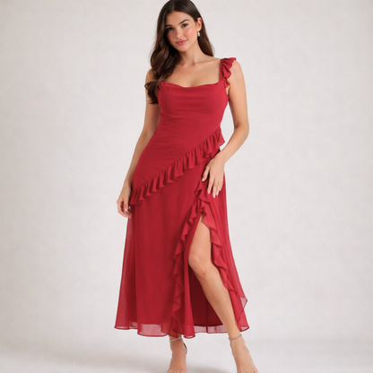 Vestido largo mujer con tirantes y detalle de volantes-Maxi Dress-Casaluzia