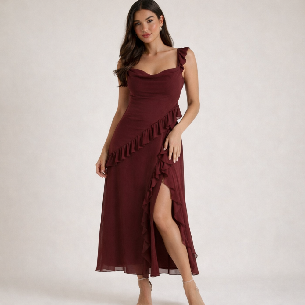 Vestido largo mujer con tirantes y detalle de volantes-Maxi Dress-Casaluzia