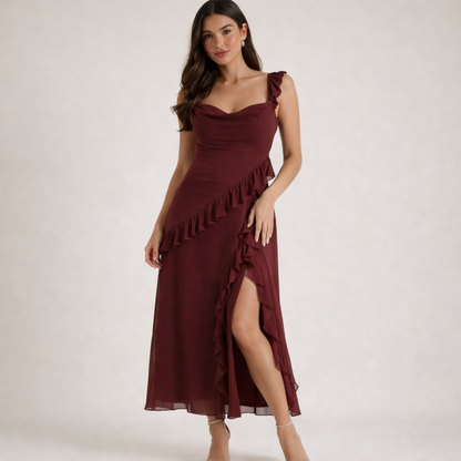 Vestido largo mujer con tirantes y detalle de volantes-Maxi Dress-Casaluzia