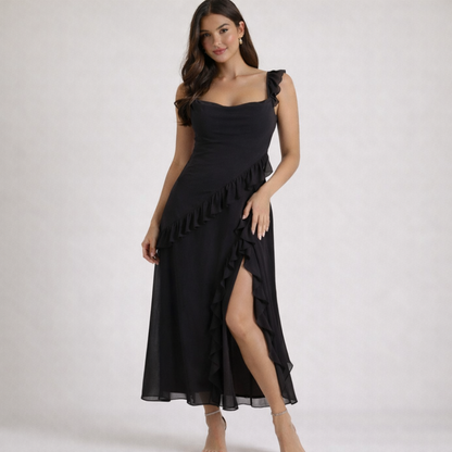 Vestido largo mujer con tirantes y detalle de volantes-Maxi Dress-Casaluzia