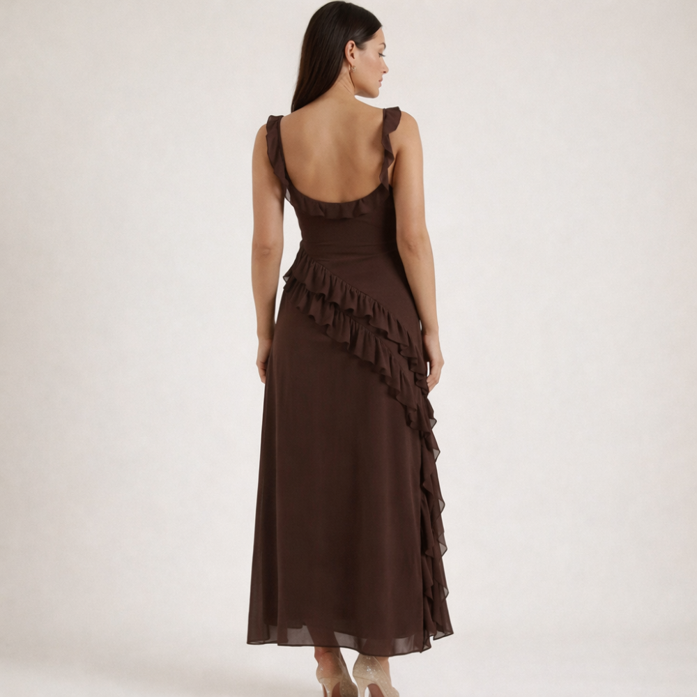 Vestido largo mujer con tirantes y detalle de volantes-Maxi Dress-Casaluzia