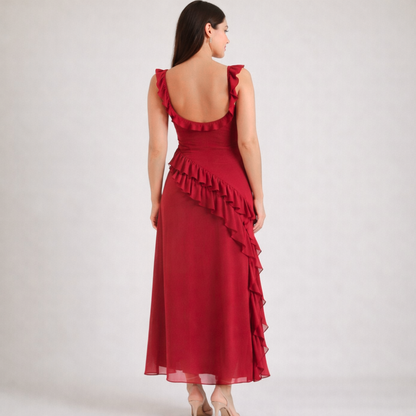 Vestido largo mujer con tirantes y detalle de volantes-Maxi Dress-Casaluzia