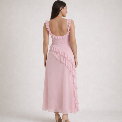 Vestido largo mujer con tirantes y detalle de volantes-Maxi Dress-Casaluzia