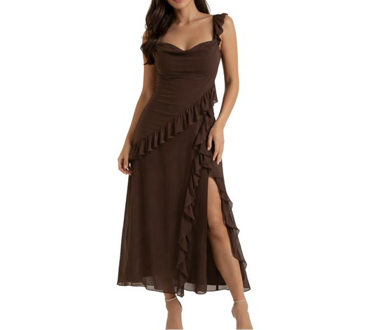 Vestido largo mujer con tirantes y detalle de volantes-Maxi Dress-Casaluzia