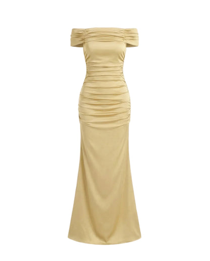 Vestido largo para mujer con hombros descubiertos y detalle fruncido-Maxi Dress-Casaluzia