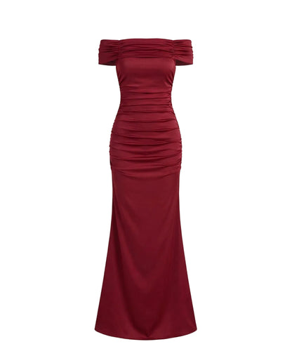 Vestido largo para mujer con hombros descubiertos y detalle fruncido-Maxi Dress-Casaluzia