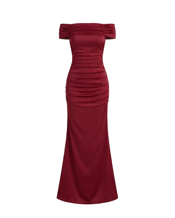 Vestido largo para mujer con hombros descubiertos y detalle fruncido