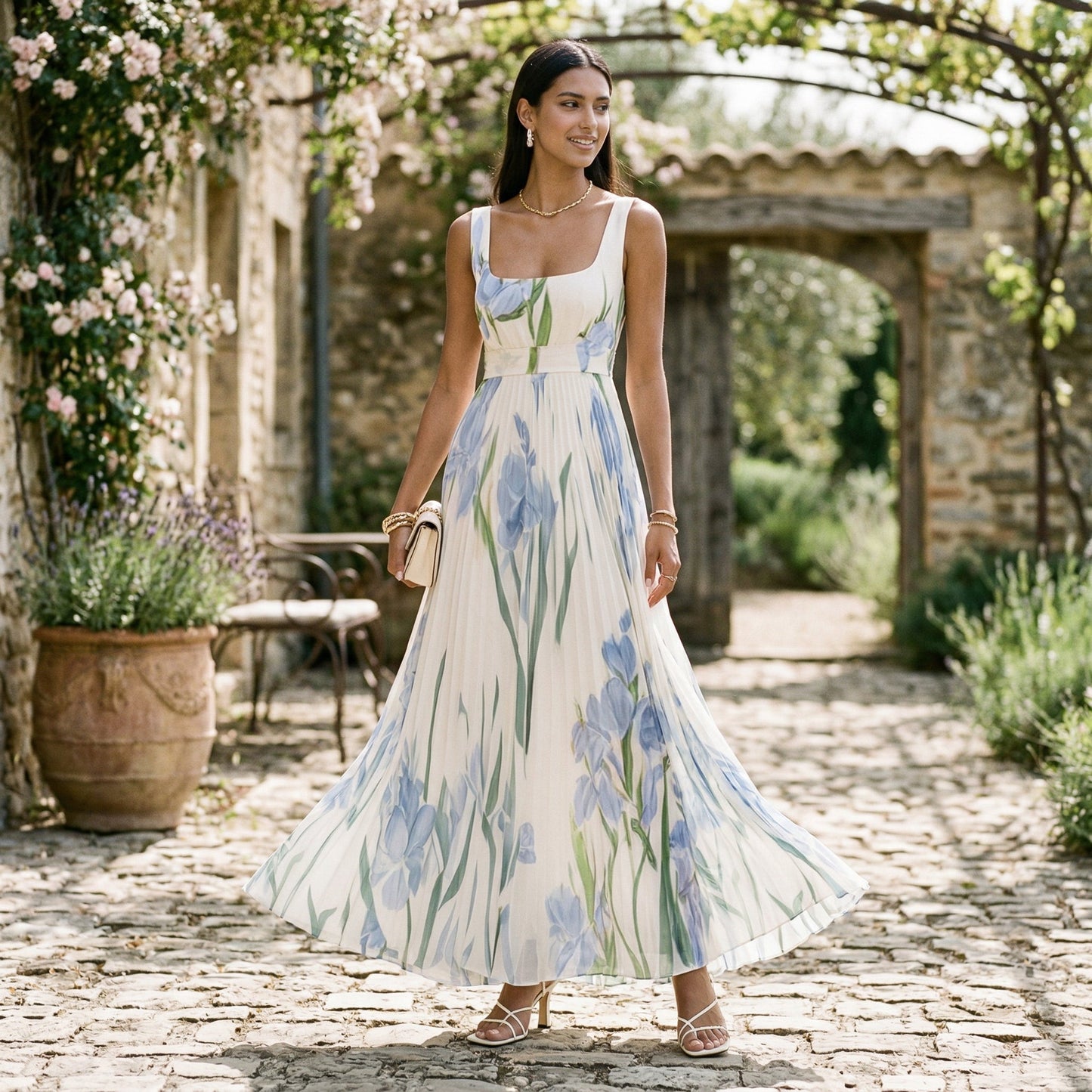 Vestido largo plisado sin mangas con estampado floral para mujer-Maxi Dress-Casaluzia