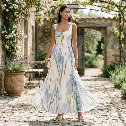 Vestido largo plisado sin mangas con estampado floral para mujer-Maxi Dress-Casaluzia