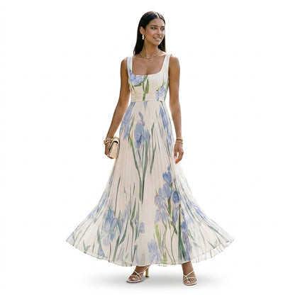 Vestido largo plisado sin mangas con estampado floral para mujer-Maxi Dress-Casaluzia