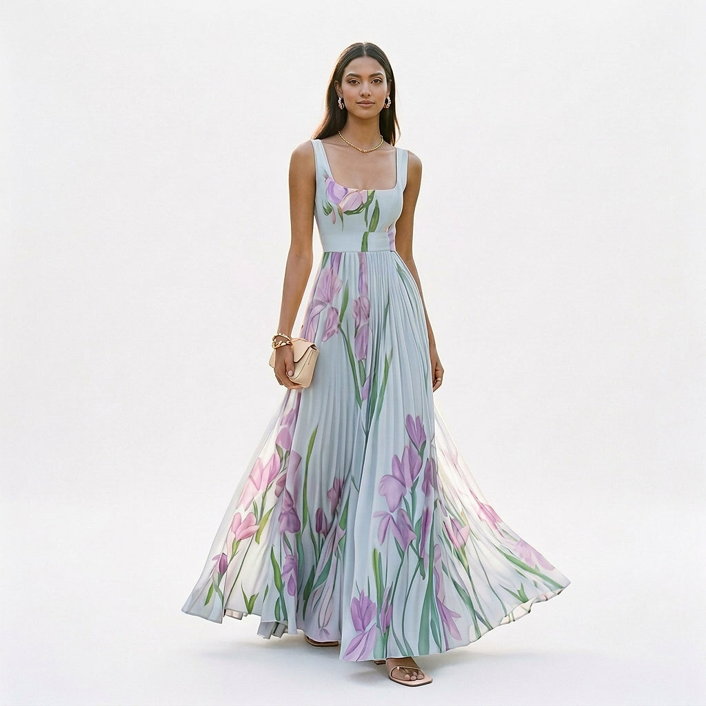 Vestido largo plisado sin mangas con estampado floral para mujer-Maxi Dress-Casaluzia