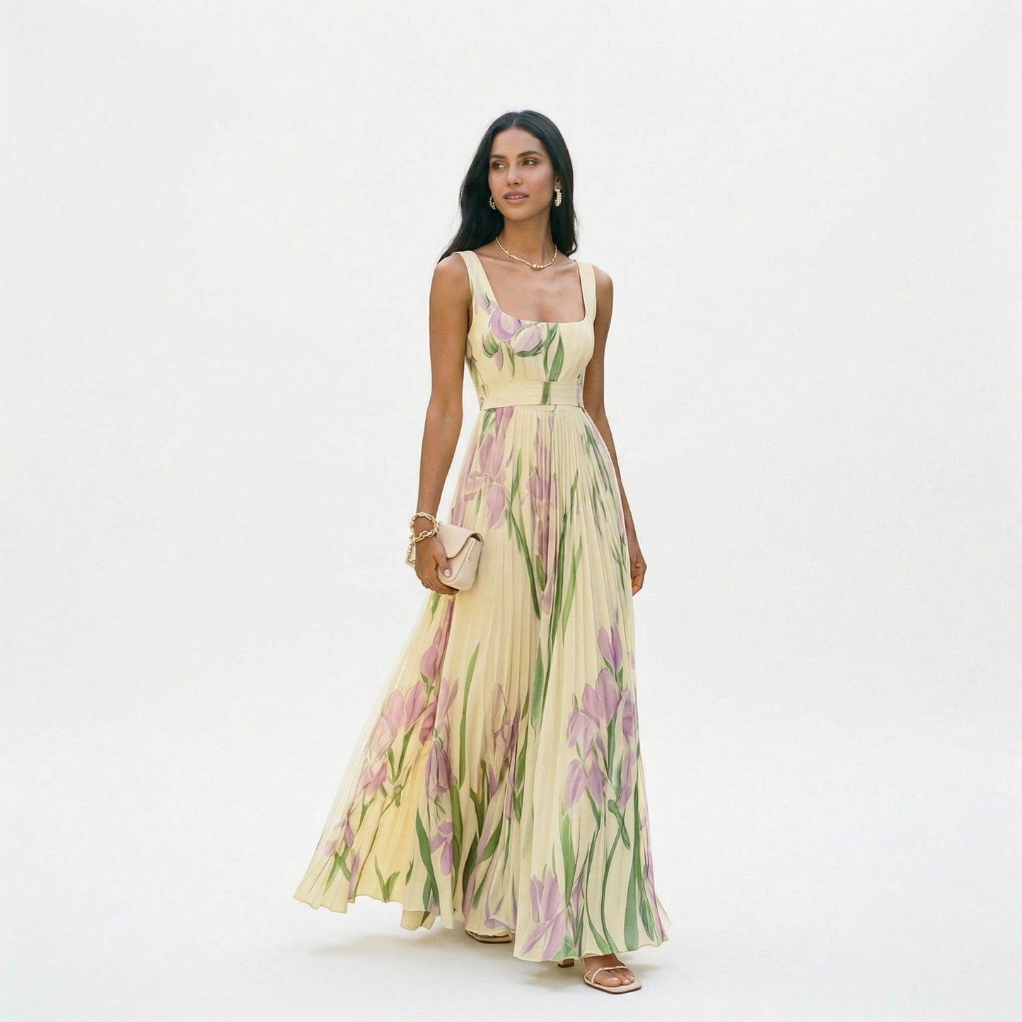 Vestido largo plisado sin mangas con estampado floral para mujer-Maxi Dress-Casaluzia