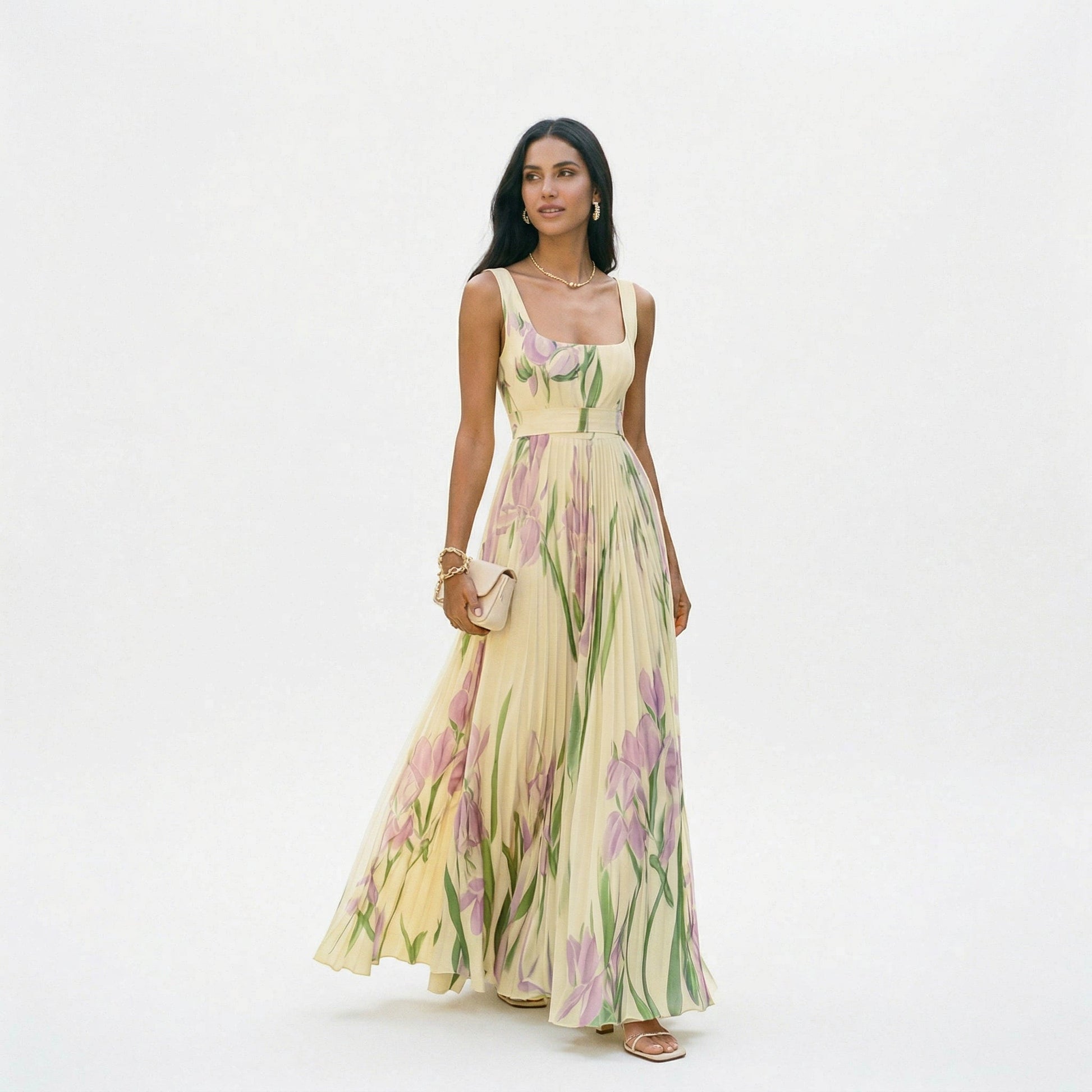 Vestido largo plisado sin mangas con estampado floral para mujer-Maxi Dress-Casaluzia