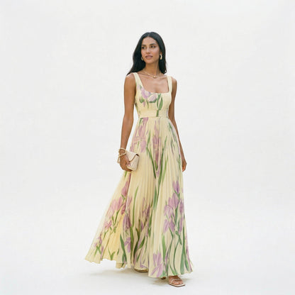 Vestido largo plisado sin mangas con estampado floral para mujer-Maxi Dress-Casaluzia
