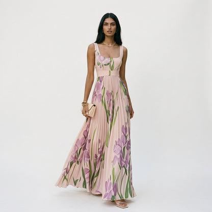 Vestido largo plisado sin mangas con estampado floral para mujer-Maxi Dress-Casaluzia