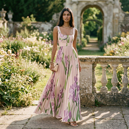 Vestido largo plisado sin mangas con estampado floral para mujer-Maxi Dress-Casaluzia