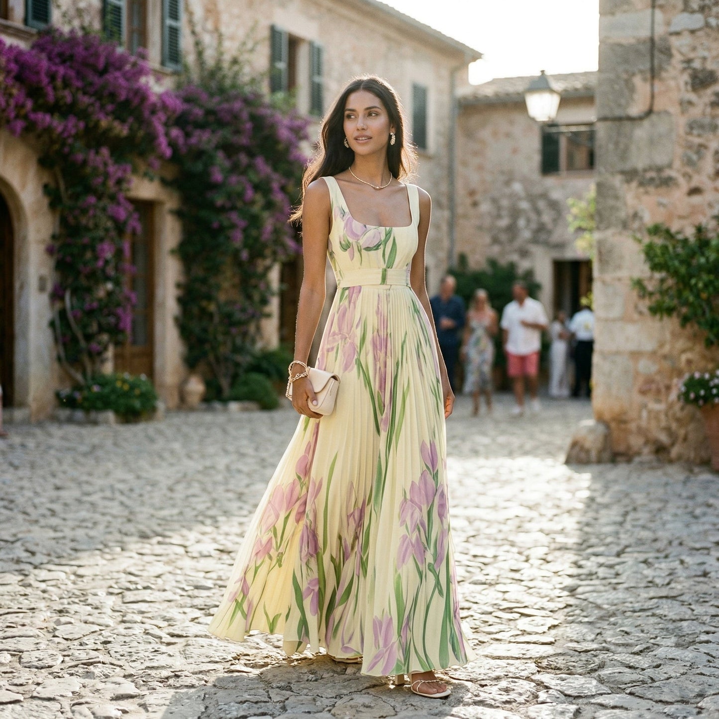 Vestido largo plisado sin mangas con estampado floral para mujer-Maxi Dress-Casaluzia