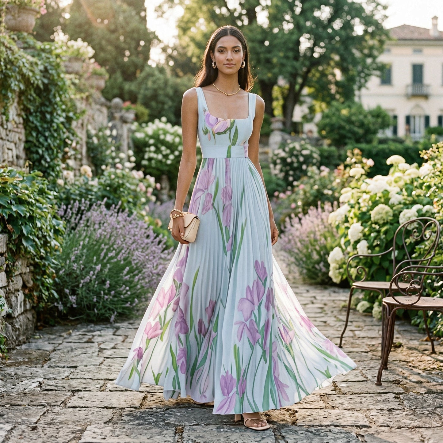 Vestido largo plisado sin mangas con estampado floral para mujer-Maxi Dress-Casaluzia