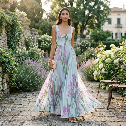 Vestido largo plisado sin mangas con estampado floral para mujer-Maxi Dress-Casaluzia