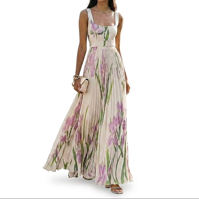 Vestido largo plisado sin mangas con estampado floral para mujer-Maxi Dress-Casaluzia