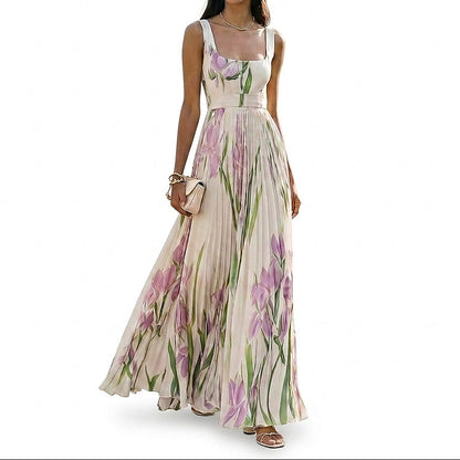 Vestido largo plisado sin mangas con estampado floral para mujer-Maxi Dress-Casaluzia