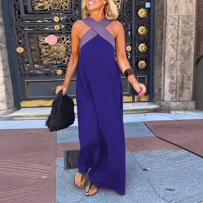 Vestido largo sin mangas con cuello cruzado para mujer-Maxi Dress-Casaluzia
