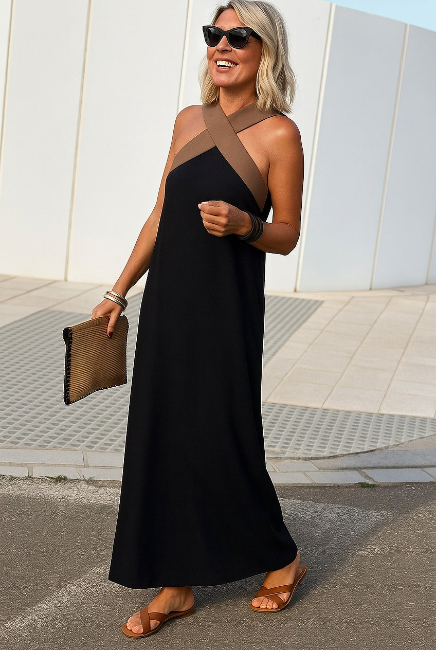 Vestido largo sin mangas con cuello cruzado para mujer-Maxi Dress-Casaluzia