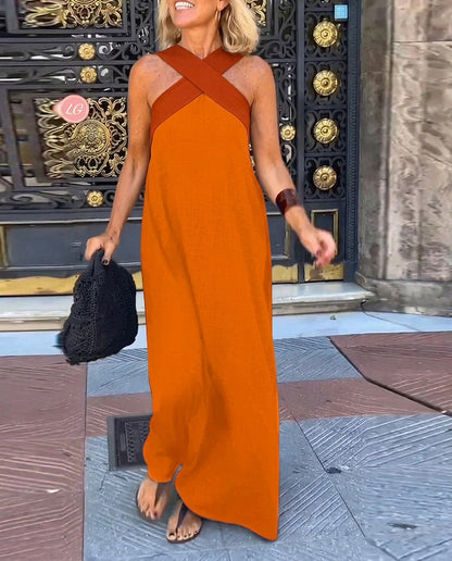 Vestido largo sin mangas con cuello cruzado para mujer-Maxi Dress-Casaluzia