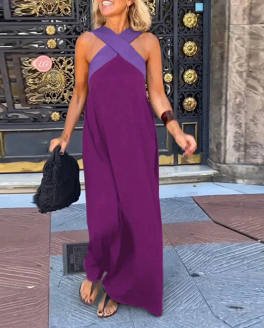 Vestido largo sin mangas con cuello cruzado para mujer-Maxi Dress-Casaluzia